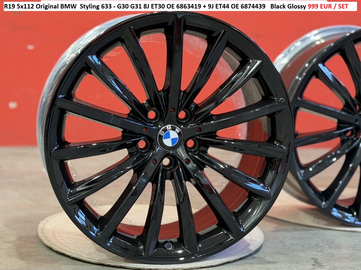 R19 5x112 Original BMW  Styling 633 - G30 G31 8J ET30 OE 6863419 + 9J ET44 OE 6874439   Black Glossy - DVOJROZMER